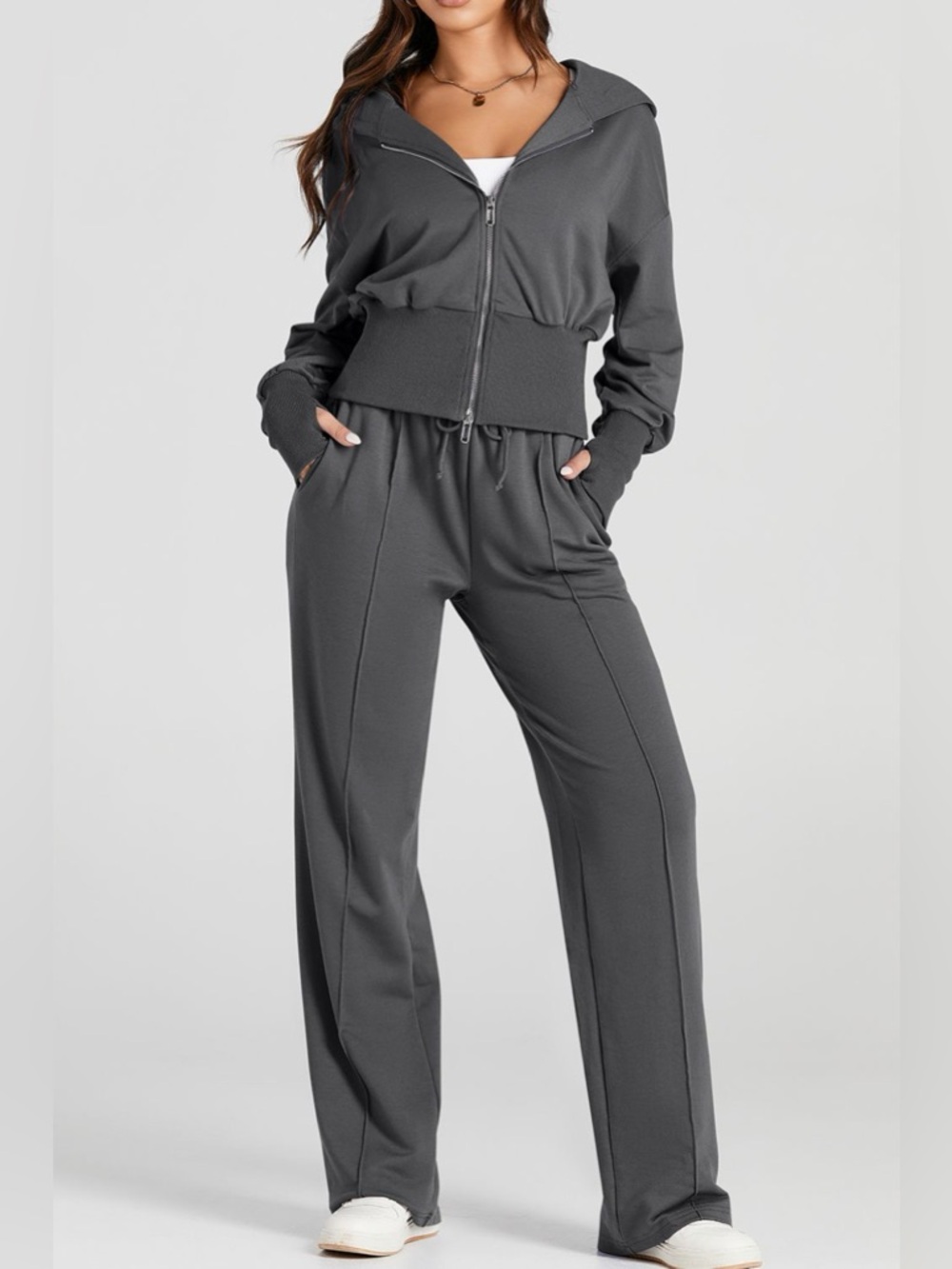 💜Hello Gorgeous! Zip-Up Hoodie and Pants Active Set - Dark Gray